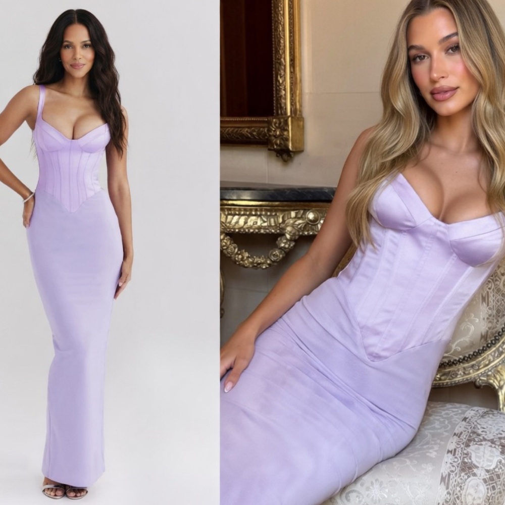 House of CB ‘BREEZE’ Orchid Satin Corset Maxi Dress Small S (Plus) US4-6 $285